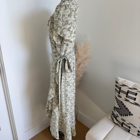 Max Studio Green Floral Ruffle Tulip Sleeve Midi Wrap Belted Dress- Med- Cottage - Picture 7 of 12